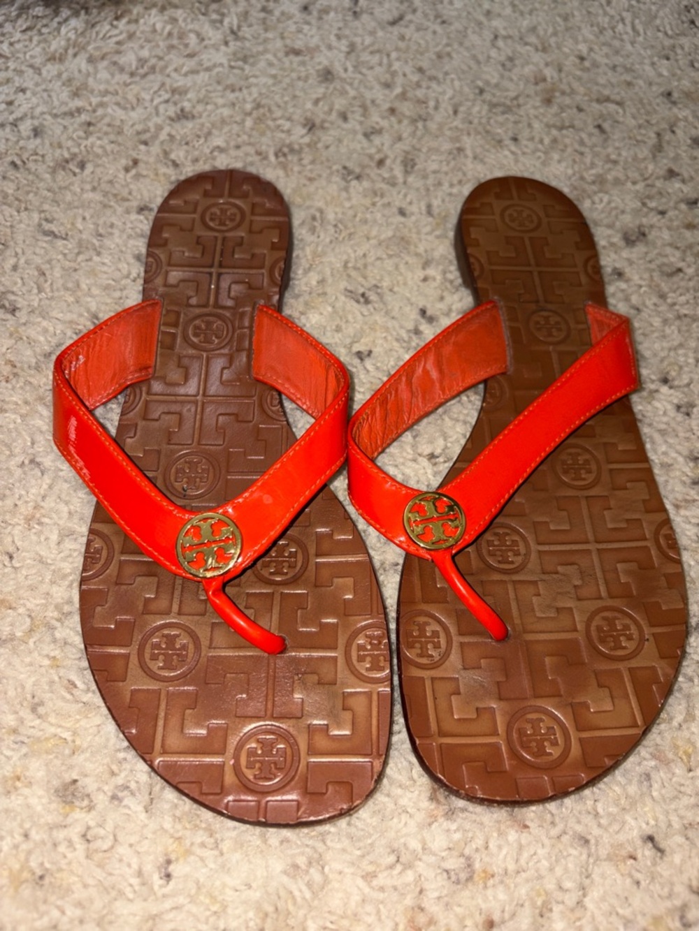 Tory Burch Bright Orange Patent Leather Logo Thong Sandals
